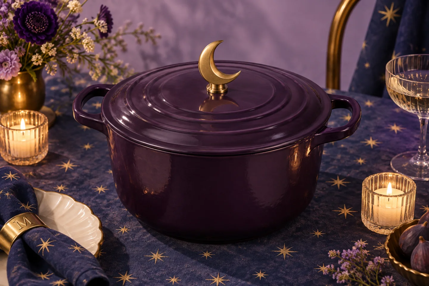 A plum pot with a brass crescent moon knob on a star-print tablecloth