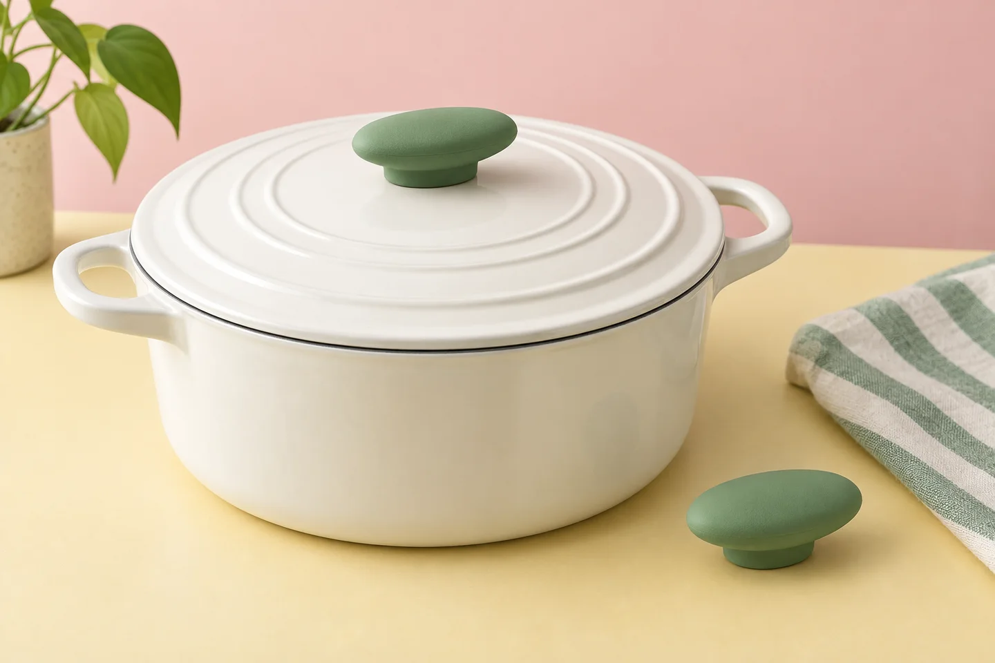 Concept: a leaf-green oval silicone knob on a white pot, with a loose matching knob beside it