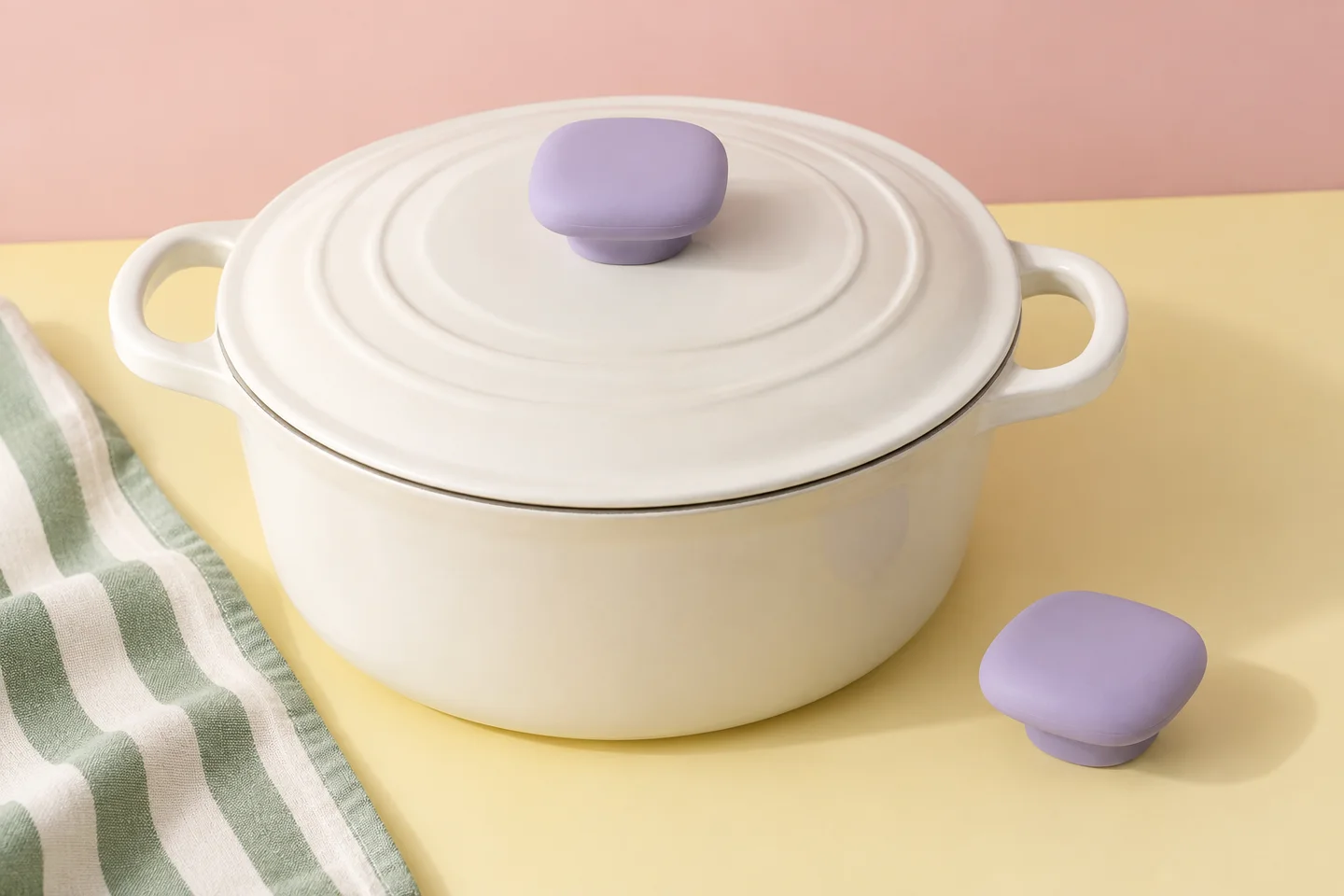 Concept: a lavender rounded-square silicone knob on a white pot, with a loose matching knob beside it