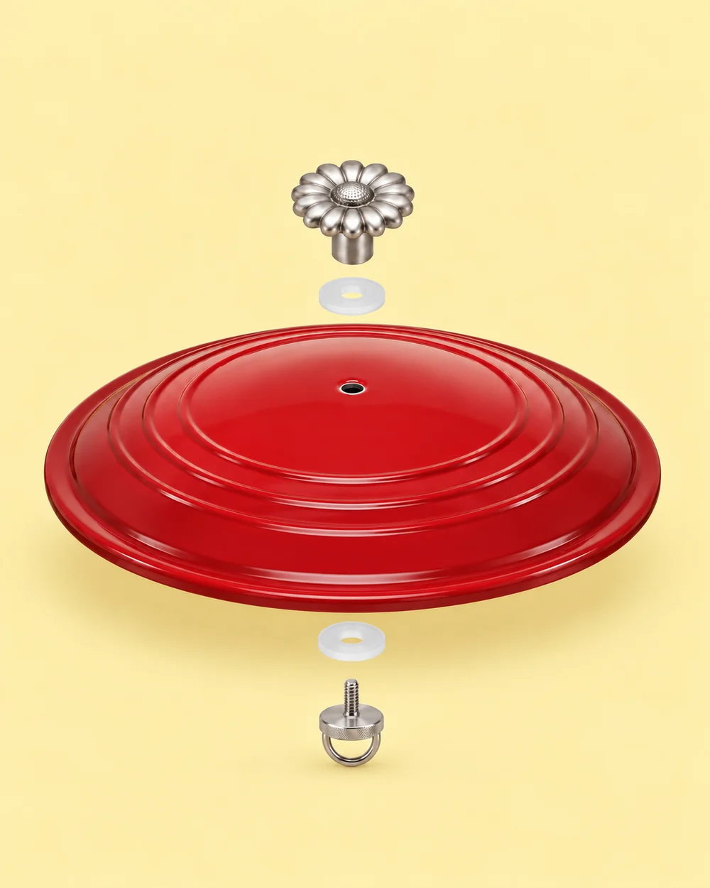 Exploded view of the attachment: daisy knob, upper silicone washer, enamel lid, lower silicone washer, and a screw with a knurled head and folding D-ring underneath