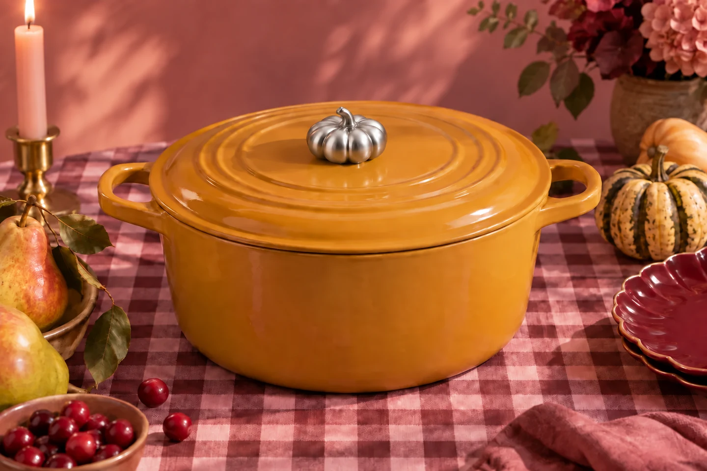 Concept scene: an ochre pot with a satin stainless pumpkin knob and autumn table settings