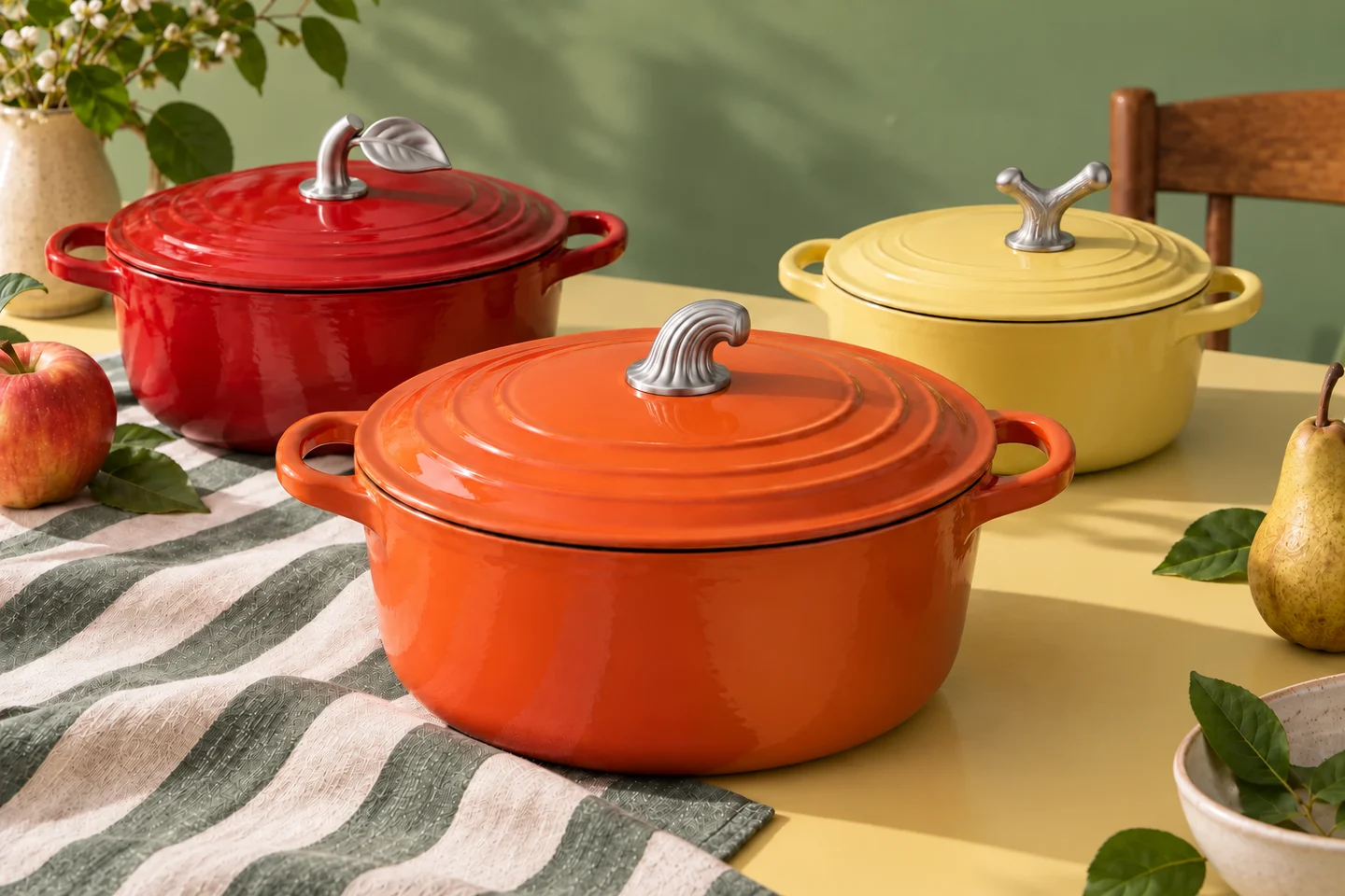Stems collection concept: orange, red and yellow pots with curled pumpkin, leafy apple and forked pear stem knobs