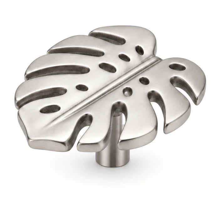 Monstera knob in satin stainless