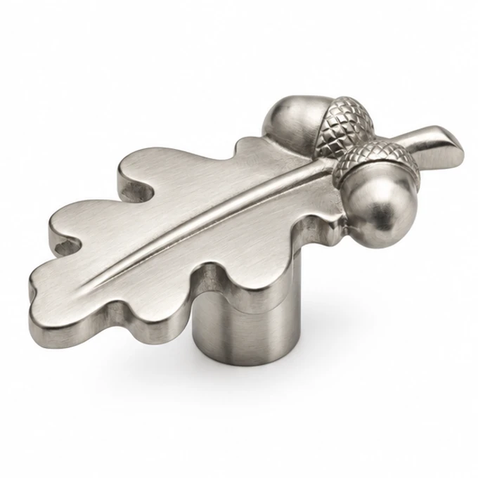 Oak and Acorns knob in satin stainless