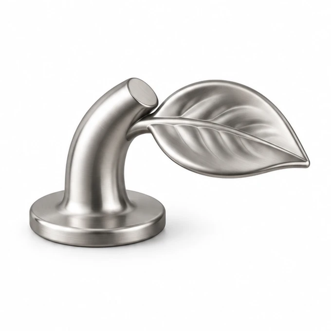 Concept: a red pot with a rounded satin stainless apple-stem knob and a substantial silver leaf