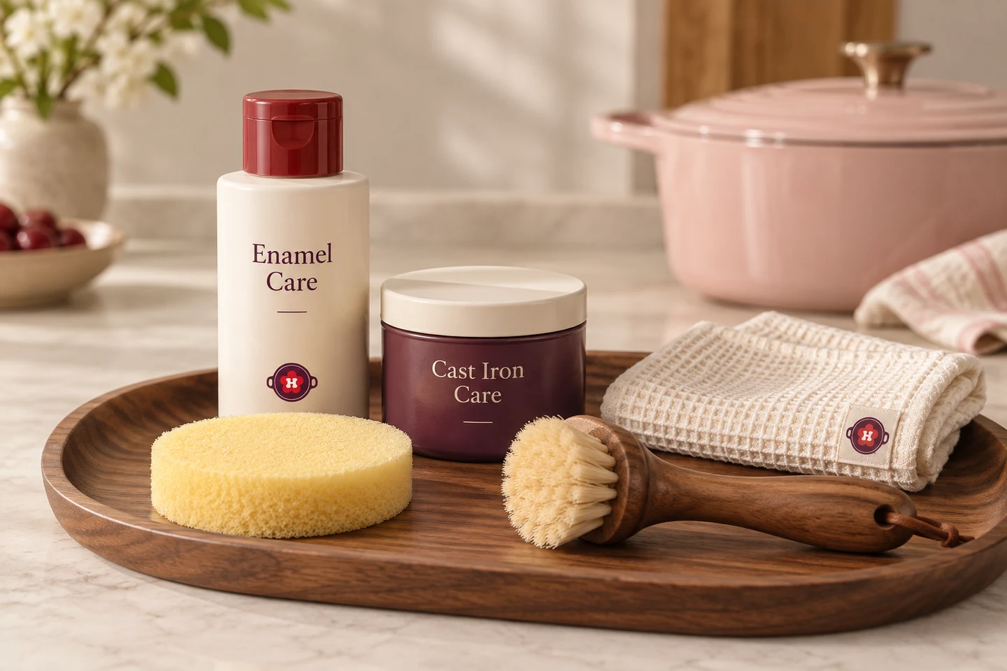 Pot care kit with an Enamel Care bottle, Cast Iron Care tin, soft scrubber, wooden brush and waffle cloth