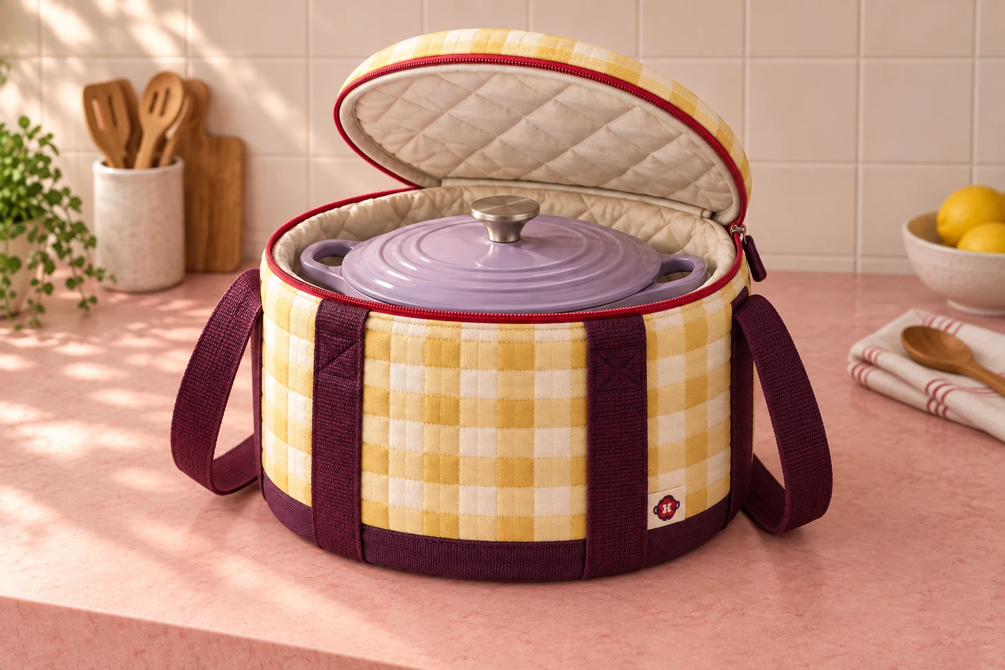 Padded Dutch oven carrier in butter gingham with wide plum straps and a small round pot emblem