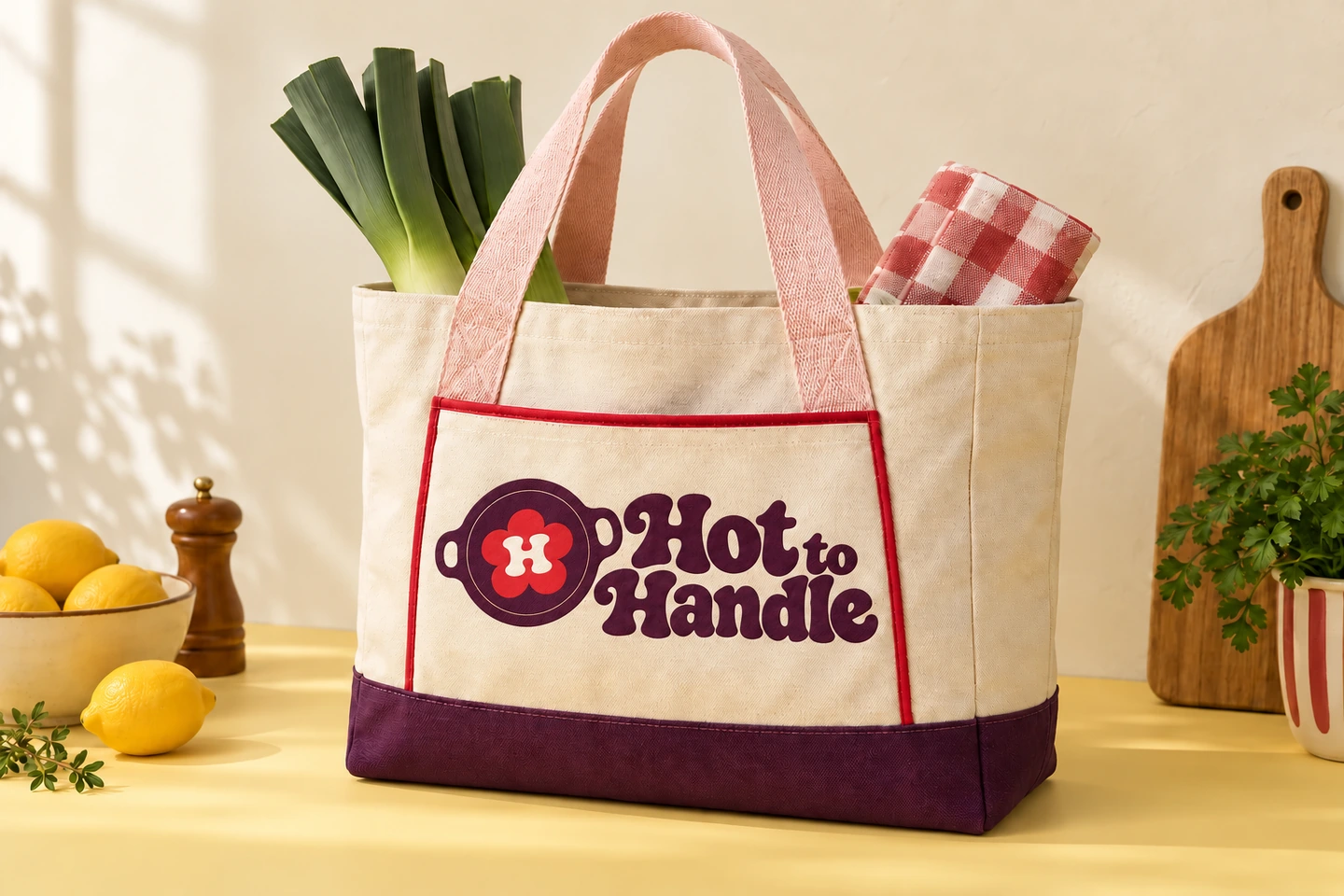 Natural canvas tote with blush handles, a plum base and the full Hot to Handle logo with its tilted round pan